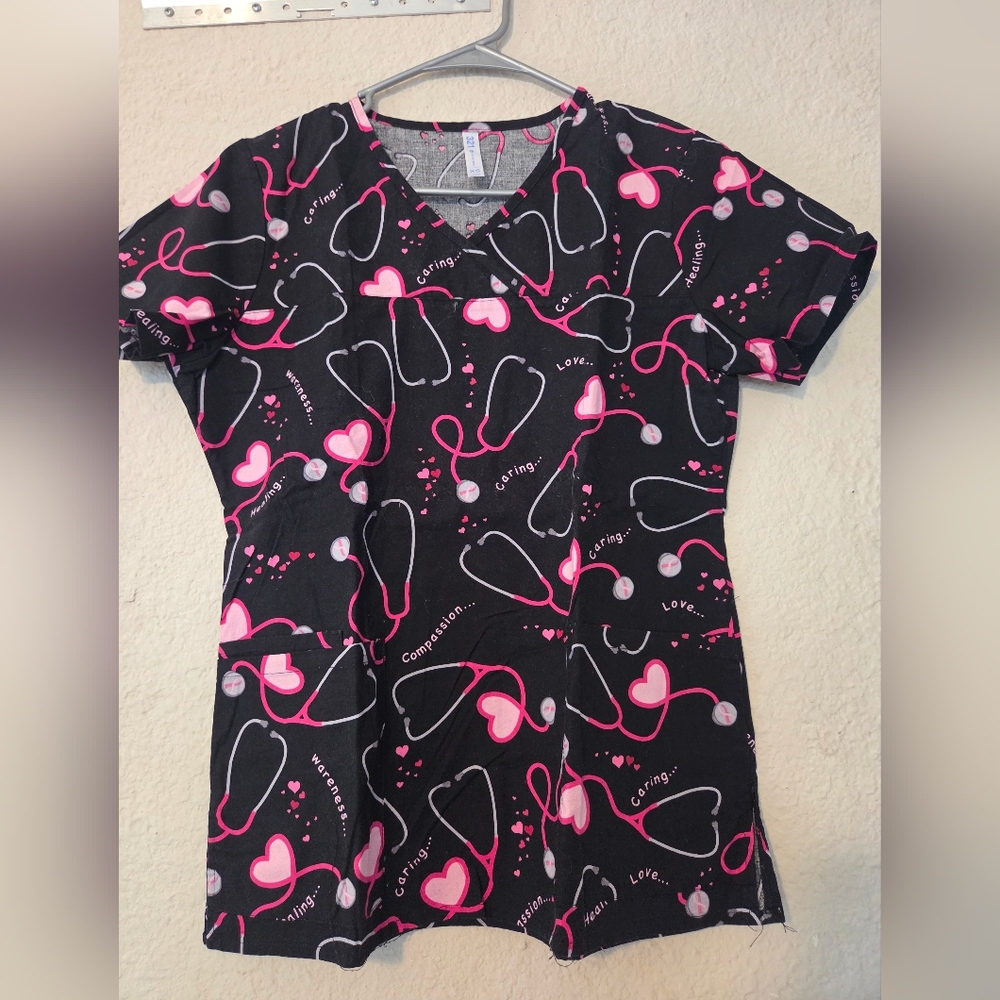 Black and Pink Heart Print Scrub Top and Pants Set Top XS Med Couture Pants S - Picture 3 of 5